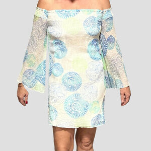 Lilly Pulitzer Abi Silk Dress XS Off Shoulder Multicolor Sheer Lined Sand Dollar